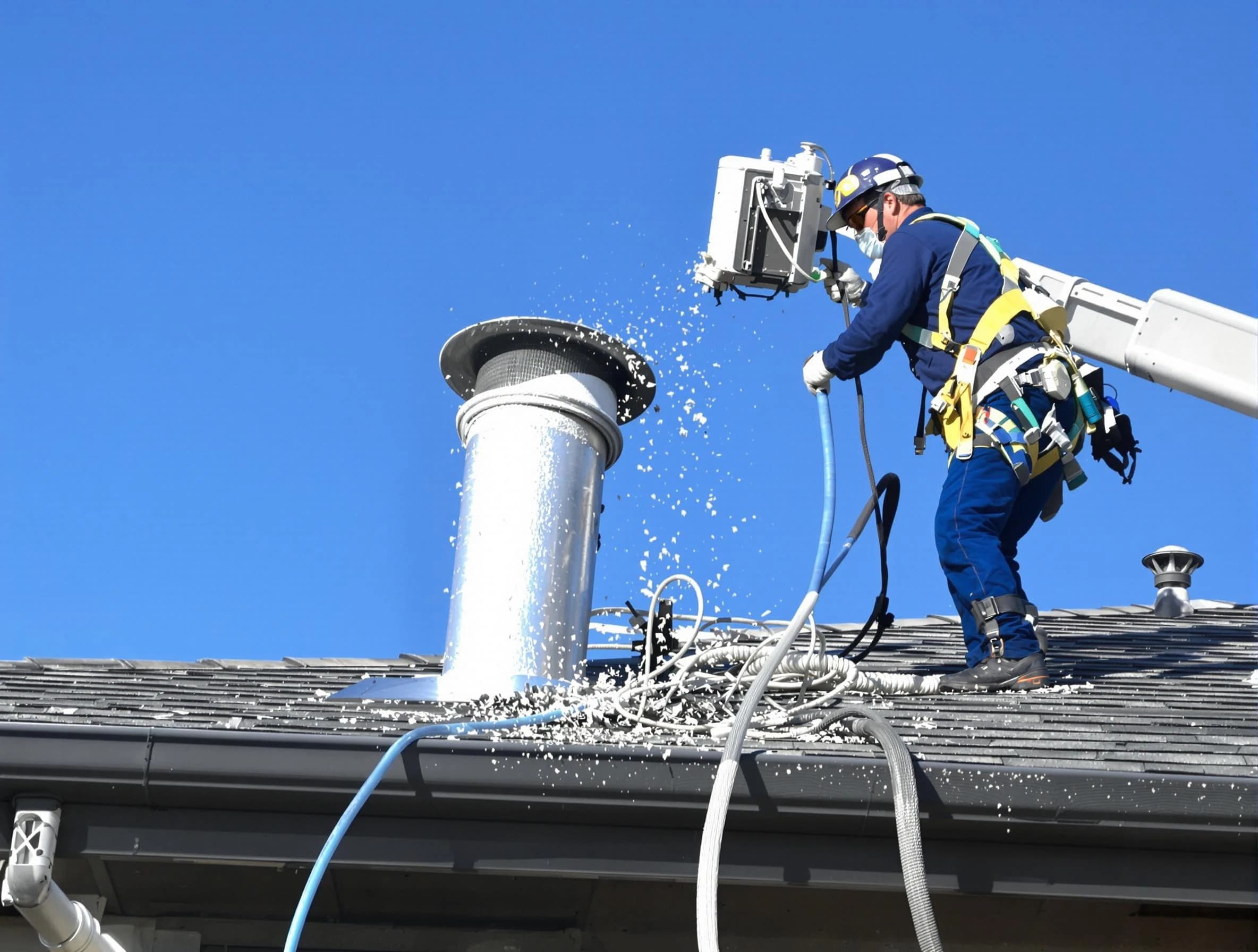 Loganville Dryer Vent Cleaning certified technician safely cleaning a roof-mounted dryer vent in Loganville