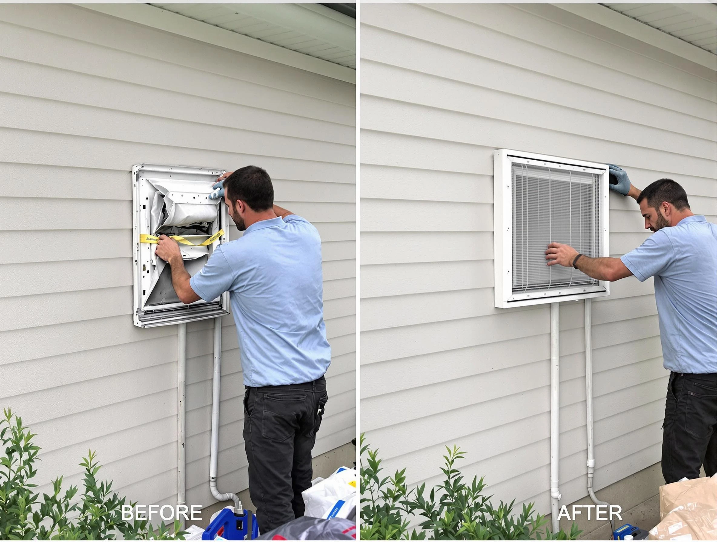 Loganville Dryer Vent Cleaning technician installing high-quality dryer vent cover at a residential property in Loganville